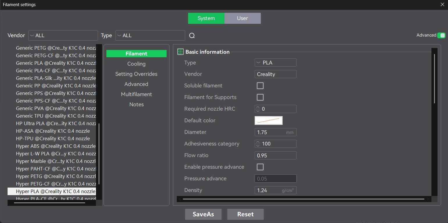 Creality Material Preset